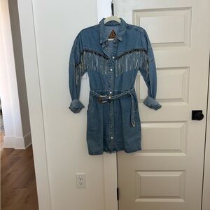 Signature Denim Long Sleeve Shirt Dress with Silver Fringe